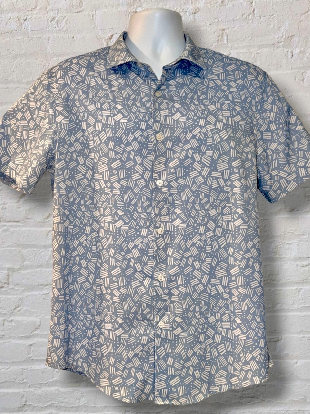 Perry Ellis Men’s Slim Fit Stretch Short Sleeve Shirt L Blue Geometric Print